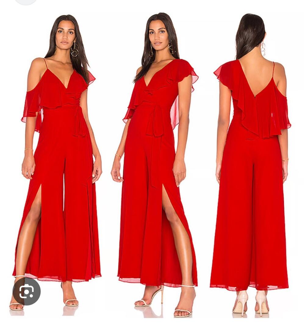 Revolve Fame and Partners Red Asymmetrical Ruffle Jumpsuit Glam Event Wedding 0